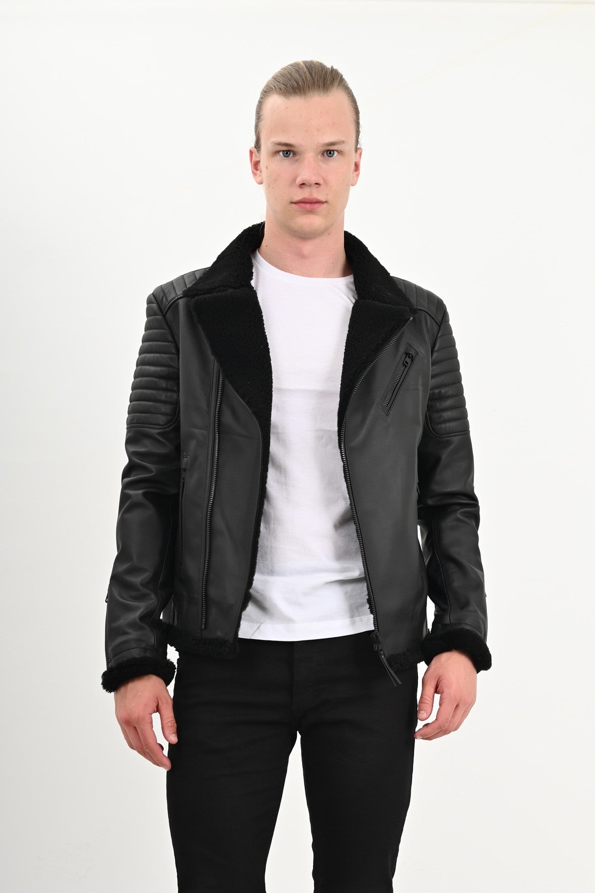 Alin Deri - James Dean Kürklü Siyah Biker Hakiki Deri Ceket Erkek