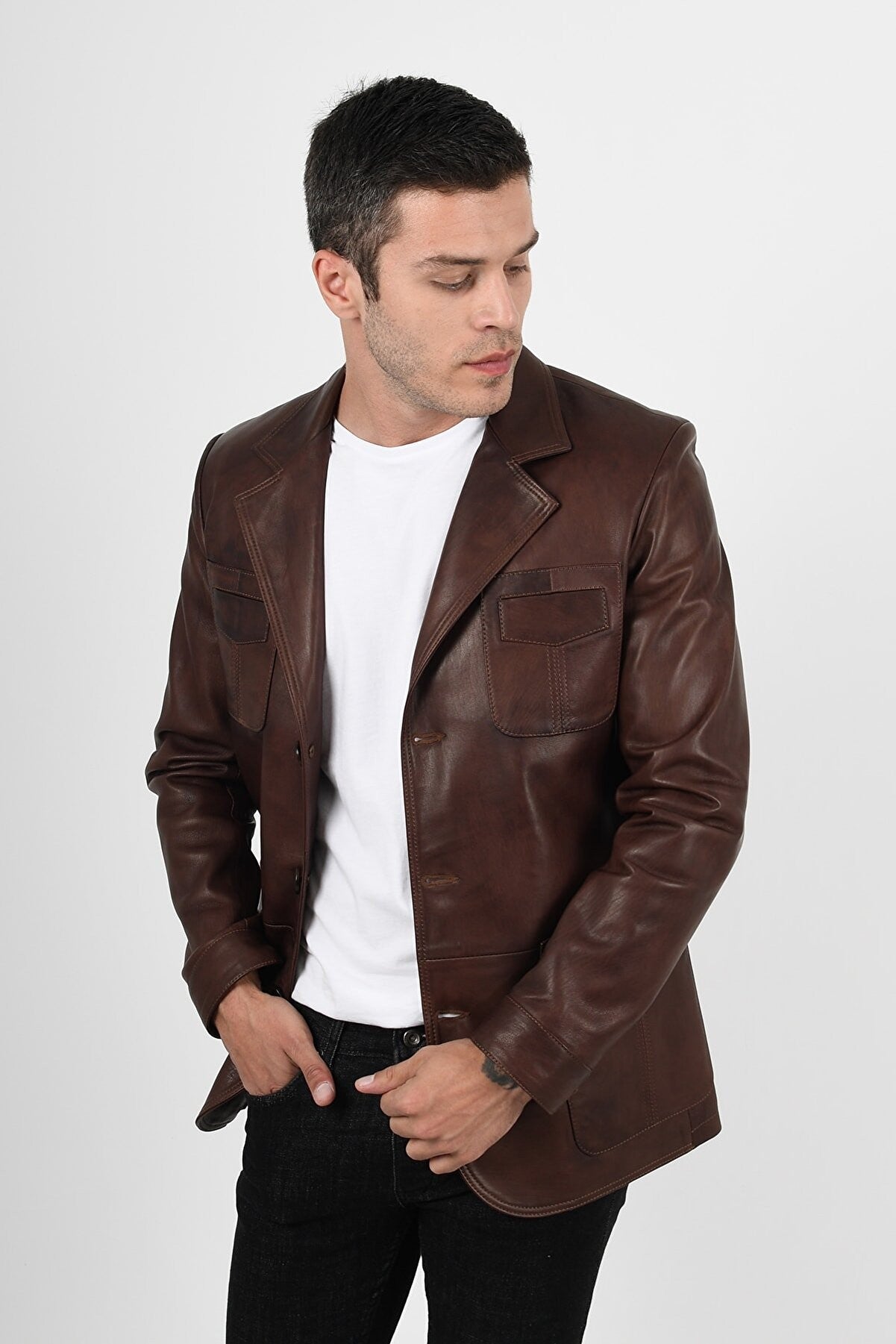 Martell Wax Kahve Fit Blazer Hakiki Deri Ceket Erkek