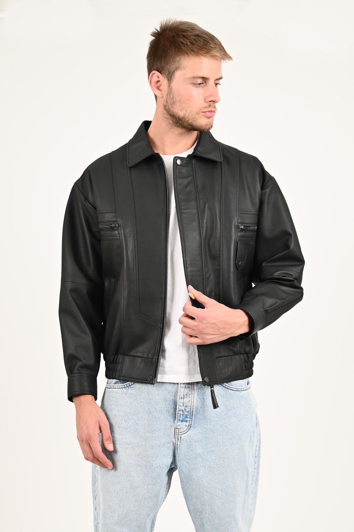 Alin Deri - Beirut Oversize Siyah Vintage Hakiki Deri Mont Erkek