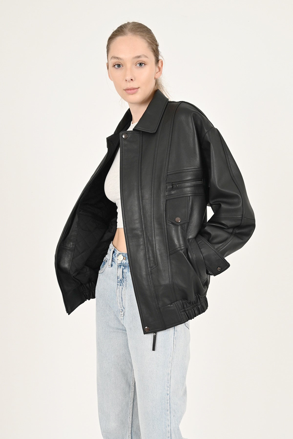 Alin Deri - Beirut Oversize Siyah Vintage Hakiki Deri Mont Kadın